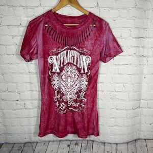 Affliction Live Fast Graphic Tee Pink Acid Wash Shredded Neck Y2K Biker Top